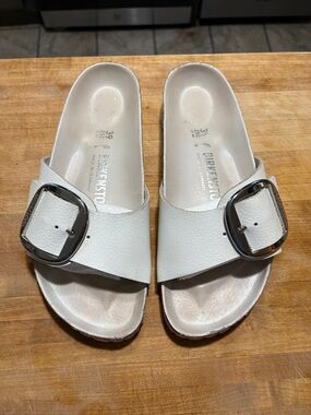 Birkenstock Madrid White Leather Silver Buckle Slide Sandals Made In Germany 39